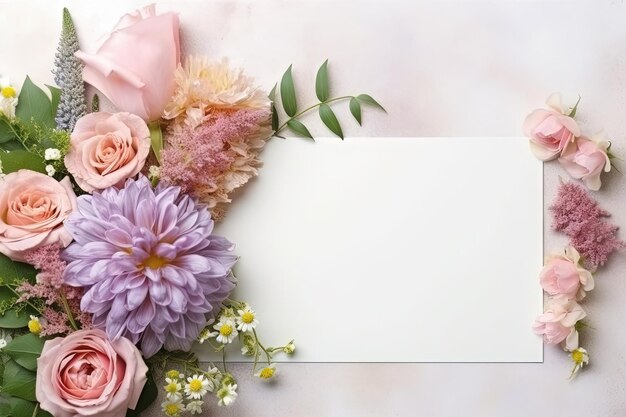 Papel blanco de maquillaje con arreglo de flores sobre un layflat