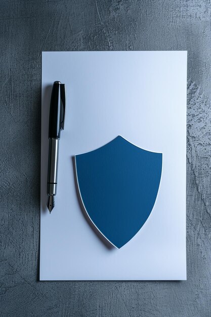 Foto papel blanco con un recorte de escudo azul y un espacio de copia del concepto de protección de la propiedad intelectual