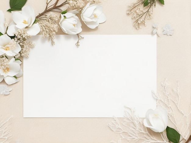 Papel blanco vacío con flores y ramas en blanco sobre fondo beige