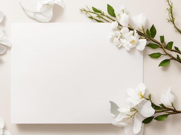 Papel blanco vacío con flores y ramas en blanco sobre fondo beige