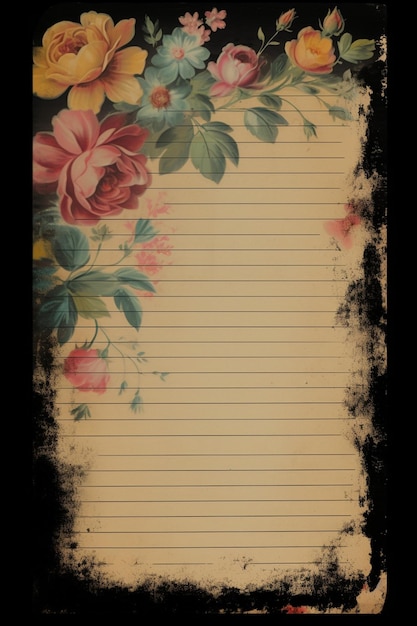 Un papel con un borde floral y una página en el medio.