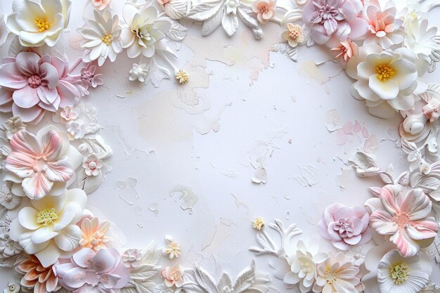 Papel branco adornado com uma delicada moldura de flores em tons pastel suaves