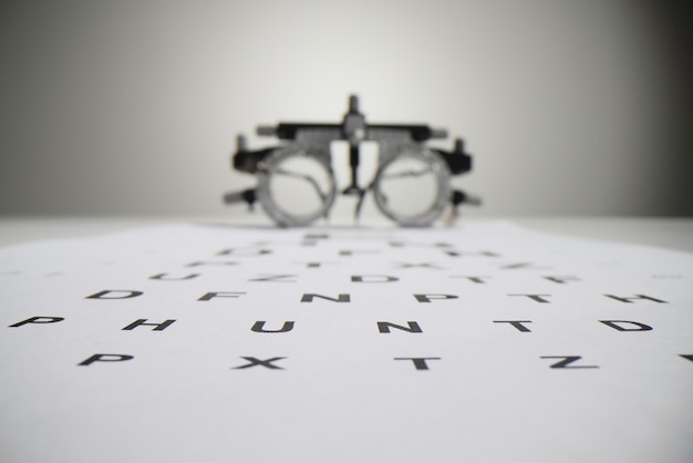 Papel branco com cartas de gráfico snellen contra óculos de oftalmologia turva médica moderna