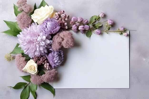 Papel branco de maquete com arranjo de flores sobre um layflat texturizado