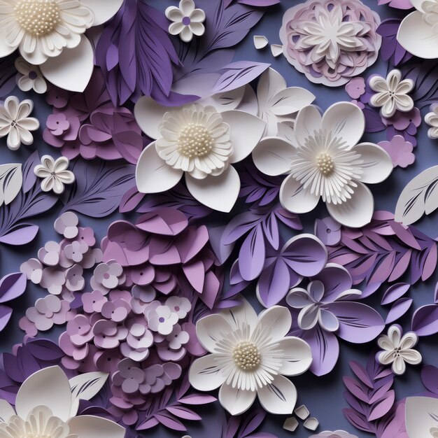 Foto papel branco e roxo desenho floral com figuras altamente detalhadas