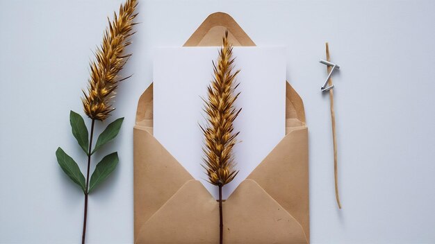 Foto papel branco em branco em envelope de papel castanho com flor seca de cauda de raposa