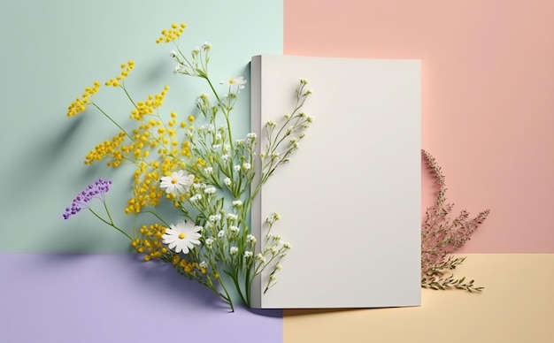 papel branco no espaço de cópia de fundo pastel com flores da primavera, cartão de felicitações, cartão de convite