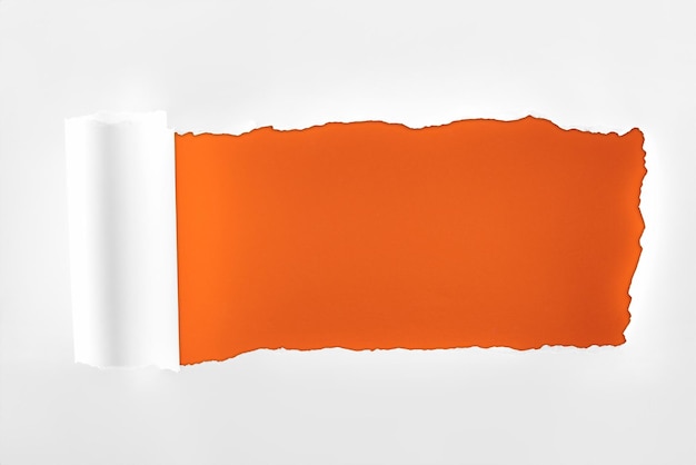 Papel branco texturizado esfarrapado com borda enrolada em fundo laranja profundo