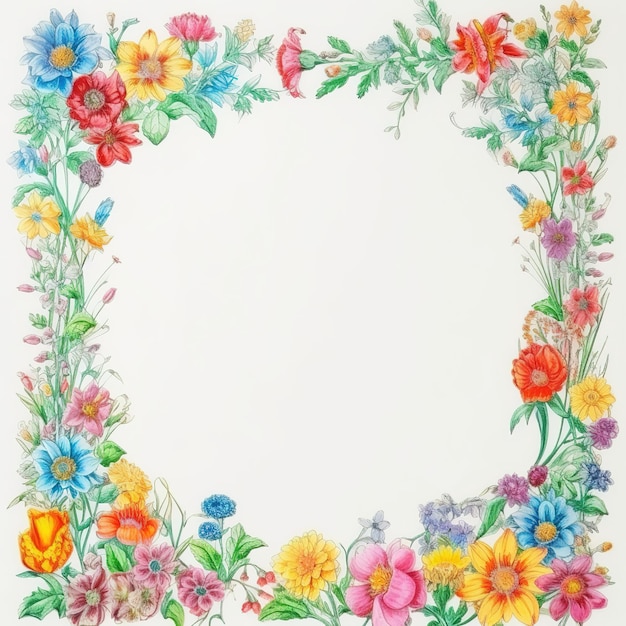 papel branco vazio com borda de quadro de flores coloridas