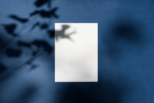 Papel branco vazio simulado com sombras de folhas no fundo azul clássico