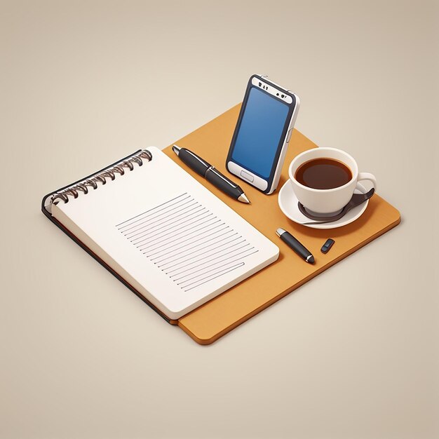 Foto papel con café teléfono y bolígrafo icono vectorial de dibujos animados ilustración concepto de icono de objeto de negocio aislado estilo de dibujo animado plano vectorial premium