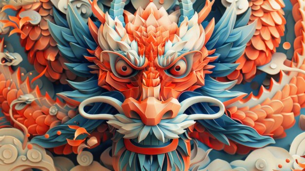 Foto papel colorido intrincadamente dobrado formando uma vibrante escultura de dragão 3d
