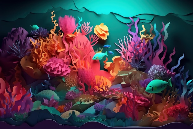 Un papel colorido recortado de un arrecife de coral con un pez nadando a su alrededor.