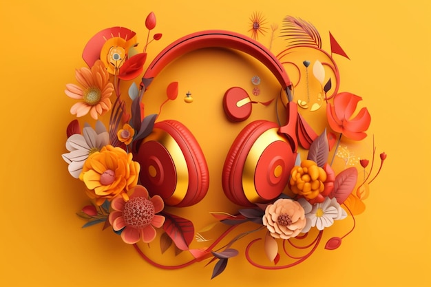 Un papel cortado de auriculares con flores y un auricular rojo.