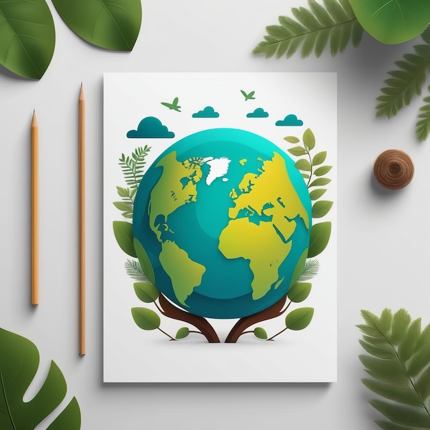 Foto papel cortado día de la tierra con globo de la tierra y hojas cortadas de papel ilustración 3d papel cortado día de la tierra