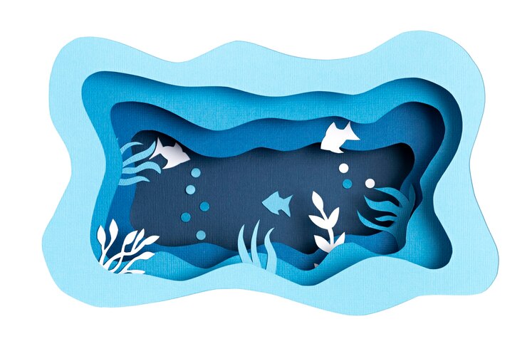 Papel cortado para el mar submarino profundo del día mundial del océano. Vida marina azul. Guarde el corte de papel de los océanos con peces y algas en la pared de agua de mar azul. Cuidado del medio ambiente y protección de la naturaleza.
