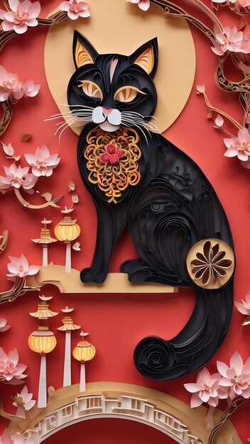 Foto papel cortado quilling estilo chinês multidimensional gato zodíaco bonito com lanternas flor de pêssego