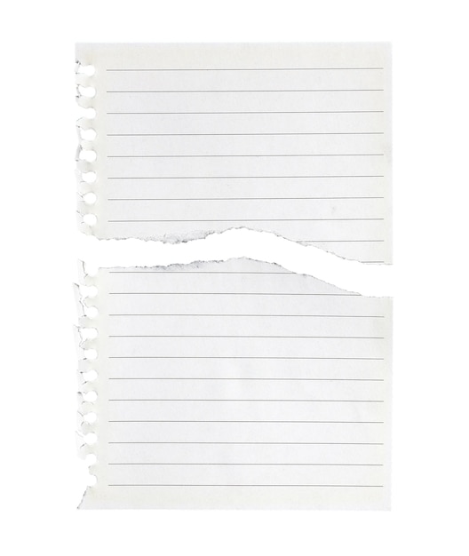 Papel de cuaderno rayado aislado sobre fondo blanco.