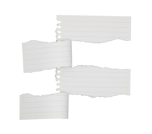 Papel de cuaderno rayado aislado sobre fondo blanco.