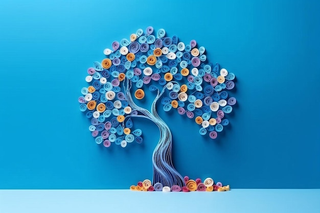 Papel de árvore solitária com pena de flor sobre fundo azul Generative AI