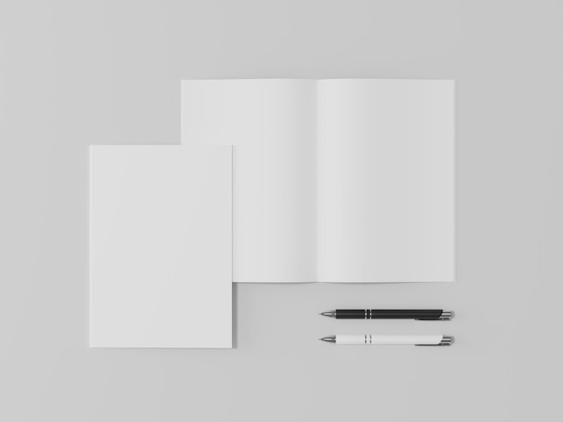 Papel de caderno de maquete de livro em branco branco com caneta