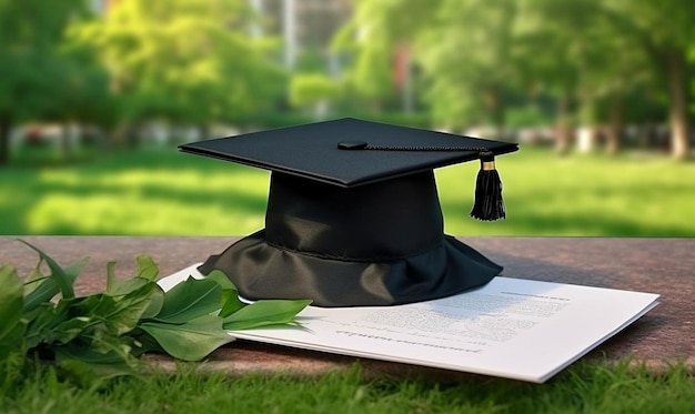 papel de certificado realista e boné de educação em parque ao ar livre de grama verde