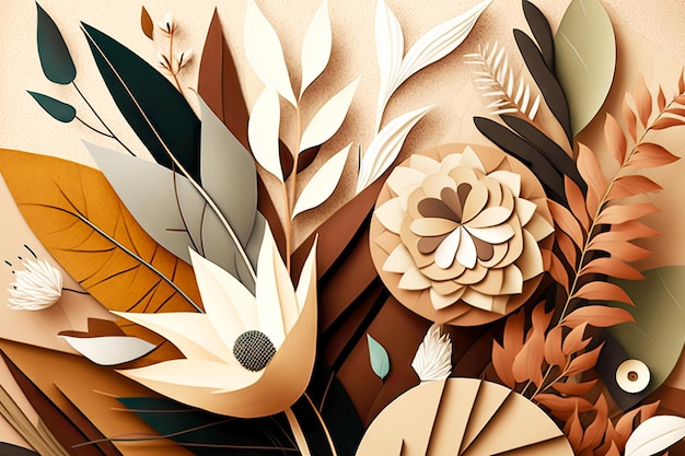 Papel de colagem moderno abstrato com flores e folhas em fundo bege criado com generative ai