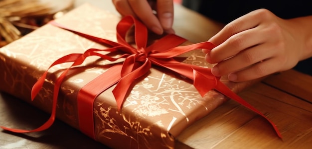 papel de embrulho de mão em papel castanho com arco vermelho em uma mesa