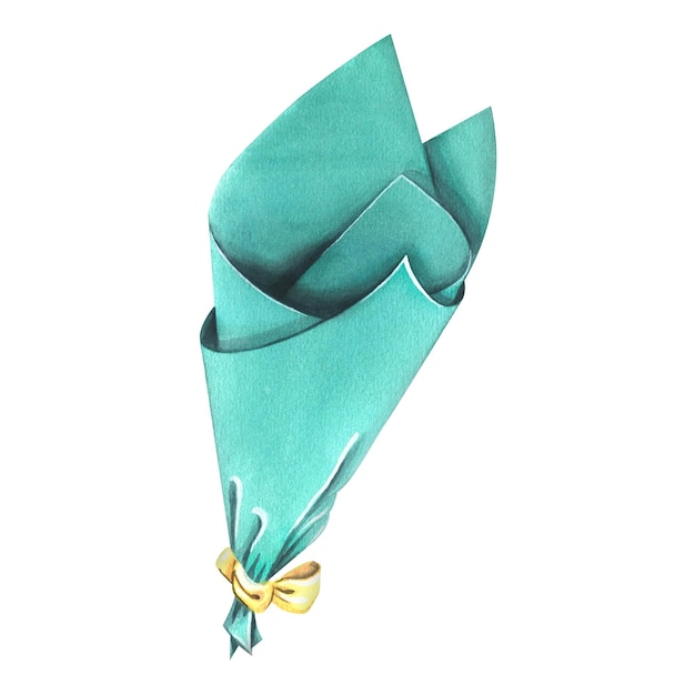 Papel de embrulho para flores na forma de um cone enrolado com um laço de cor turquesa Ilustração de aquarela Um objeto isolado de um grande conjunto de FELIZ ANIVERSÁRIO Para design de decoração