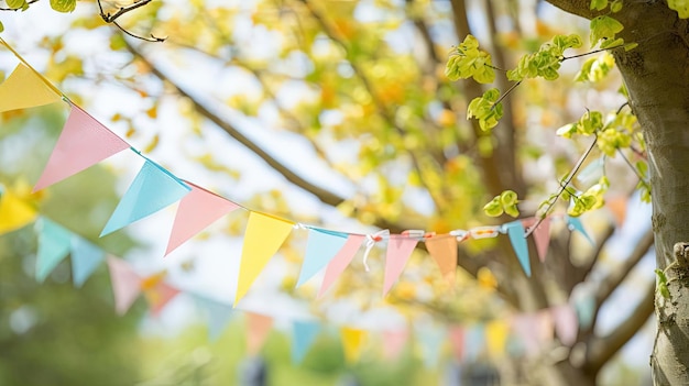 papel de festa colorido bunting na árvore no estilo de cenas aéreas vibrantes