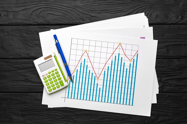Foto papel de gráficos de negócios e calculadora na mesa