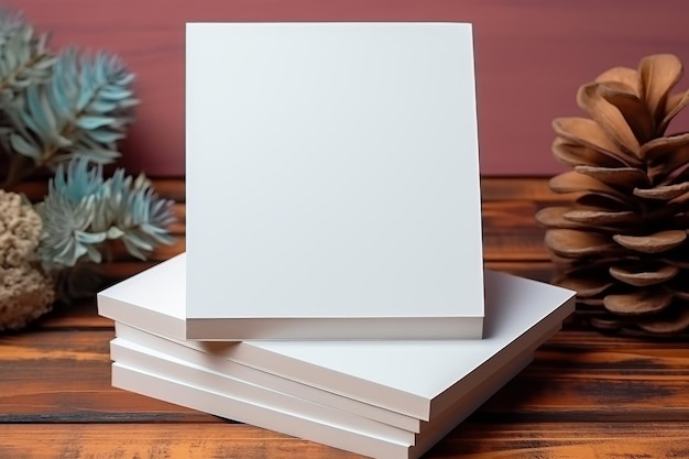 Foto papel de maquete branco com espaço de cópia em mesa de madeira perto de galho de árvore de natal e cones de pinheiro