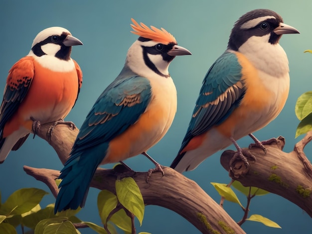 Foto papel de parede 3d animais no jardim e pássaros coloridos ilustração 3d