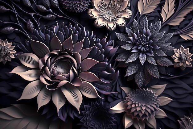 papel de parede 3d clássico com flores e folhas que diz 'flower power'