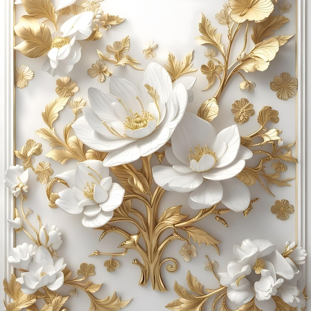 Papel de parede 3d clássico flor ouro e luxo branco