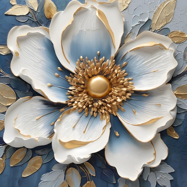 Papel de parede 3d clássico flor peônia obra de arte ouro azul