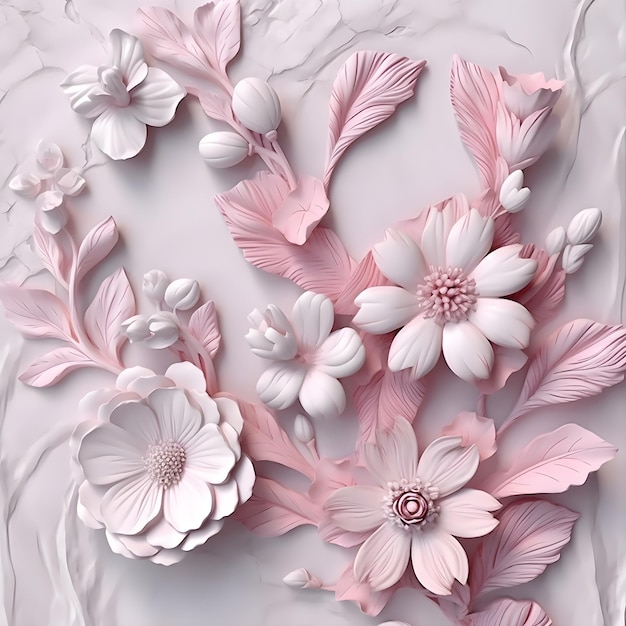 Papel de parede 3d clássico floral rosa e mármore branco