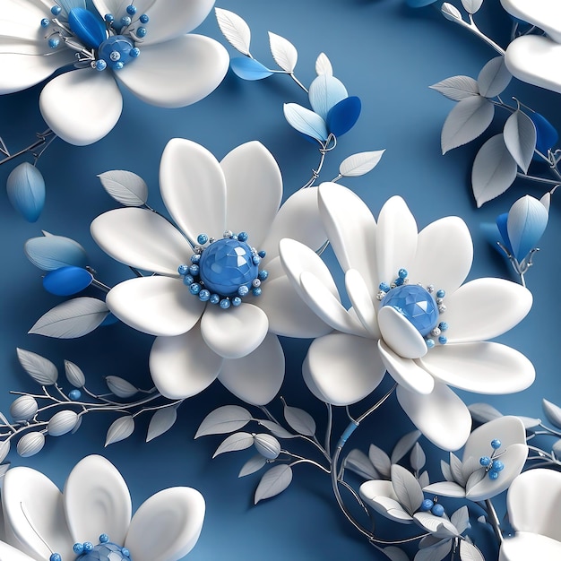 Papel de parede 3d flor jóias branco e azul