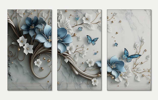 papel de parede 3d quadro de parede flor azul e branco. ilustração 3D