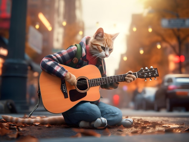 Papel de parede 4K ultra HD de gato hipster usando gorro tocando guitarra