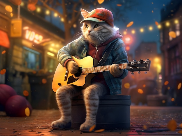 Papel de parede 4K ultra HD de gato hipster usando gorro tocando guitarra