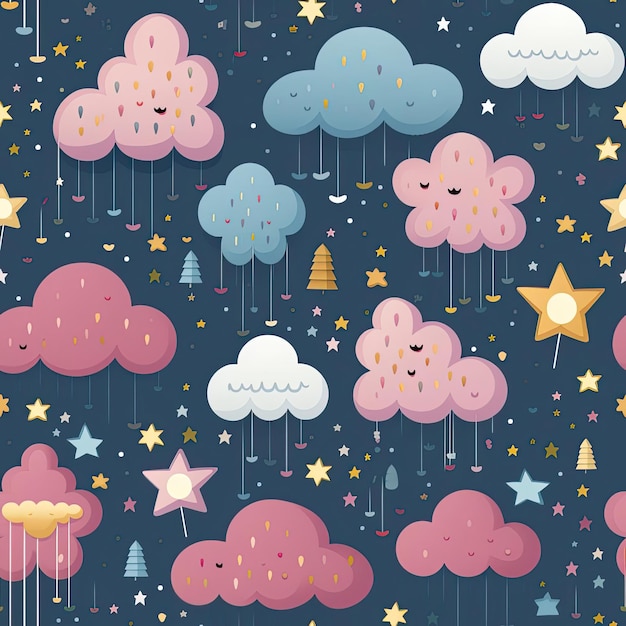 Papel de parede adorável com nuvens de desenho animado estrelas e flores azulejos