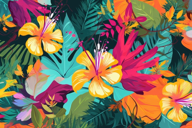 Papel de parede animado e alegre com uma variedade colorida de flores tropicais