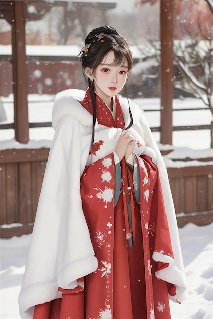 Papel de parede beleza clássica chinesa vestindo jaqueta Hanfu cheongsam no inverno frio e nevasca