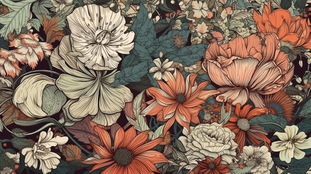 Papel de parede botânico vintage com lindo motivo de buquê de flores