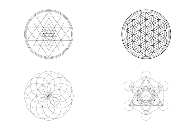 Papel de parede branco do conceito da geometria sagrada com símbolos sri yantra, flor da vida, toro e metatron