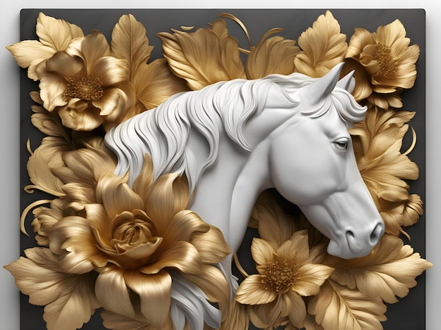 Papel de parede cabeça de cavalo branco floral dourado