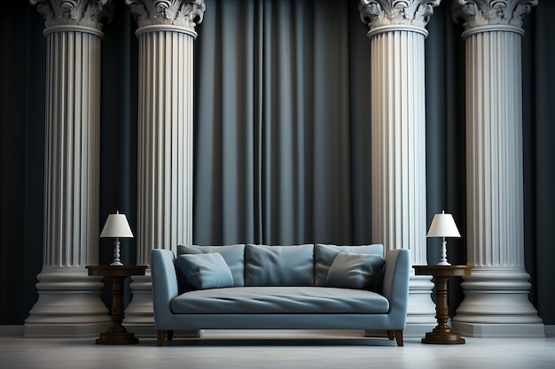 Papel de parede clássico com colunas sofá e mesa de centro renderização em 3d