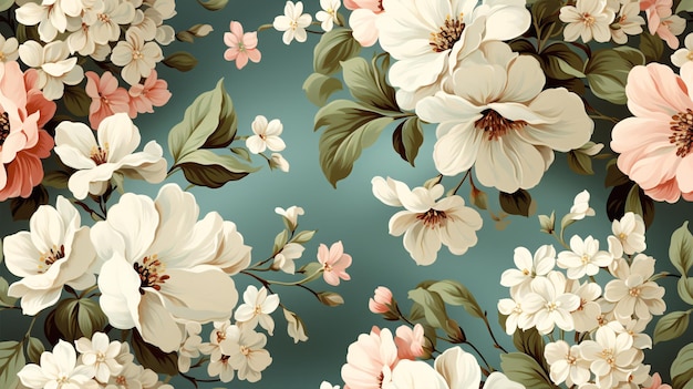 Papel de parede clássico sem costura padrão de flores retro vintage em fundo verde design têxtil