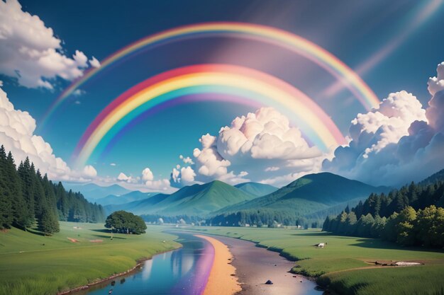 Papel de parede colorido do arco-íris chuva céu belo fundo arco-íris floresta prado flores